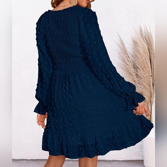 Long Sleeve V Neck Smocked Short Swiss Dot Ruffle Dress - Picture 2 of 9